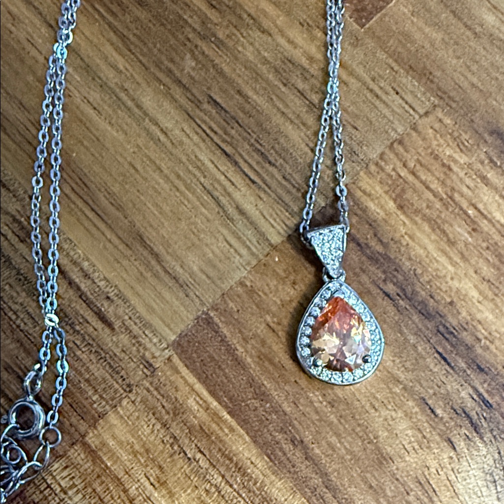 Peach Mescato And Cz Stone Teardrop Pendant 18 In Sterling Silver Necklace 32$